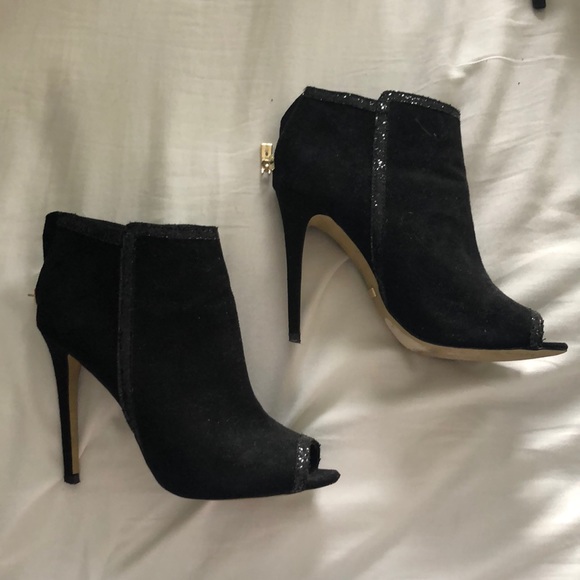 Bebe Black Suede Peep-Toe Booties - Picture 1 of 4
